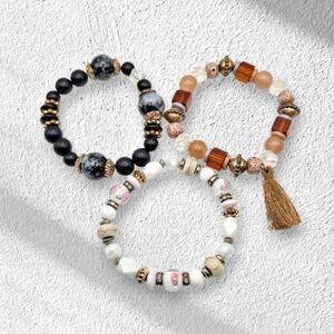 Three Mixed Media Stretch Bracelets‎ Black and Neutral Colors One with a Tassel
